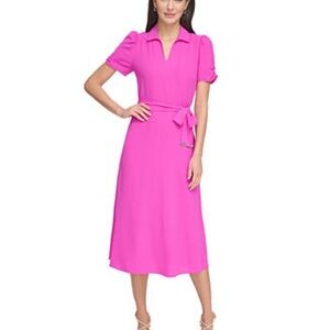 New DKNY Pink Midi Shirt Dress with Tie Waist Size 2